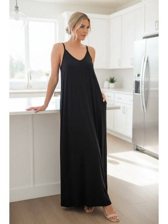 Zenana Signature Dresses & Skirts - Zenana Side Pocket V-Neck Relaxed Fit Spaghetti Strap Maxi Dress